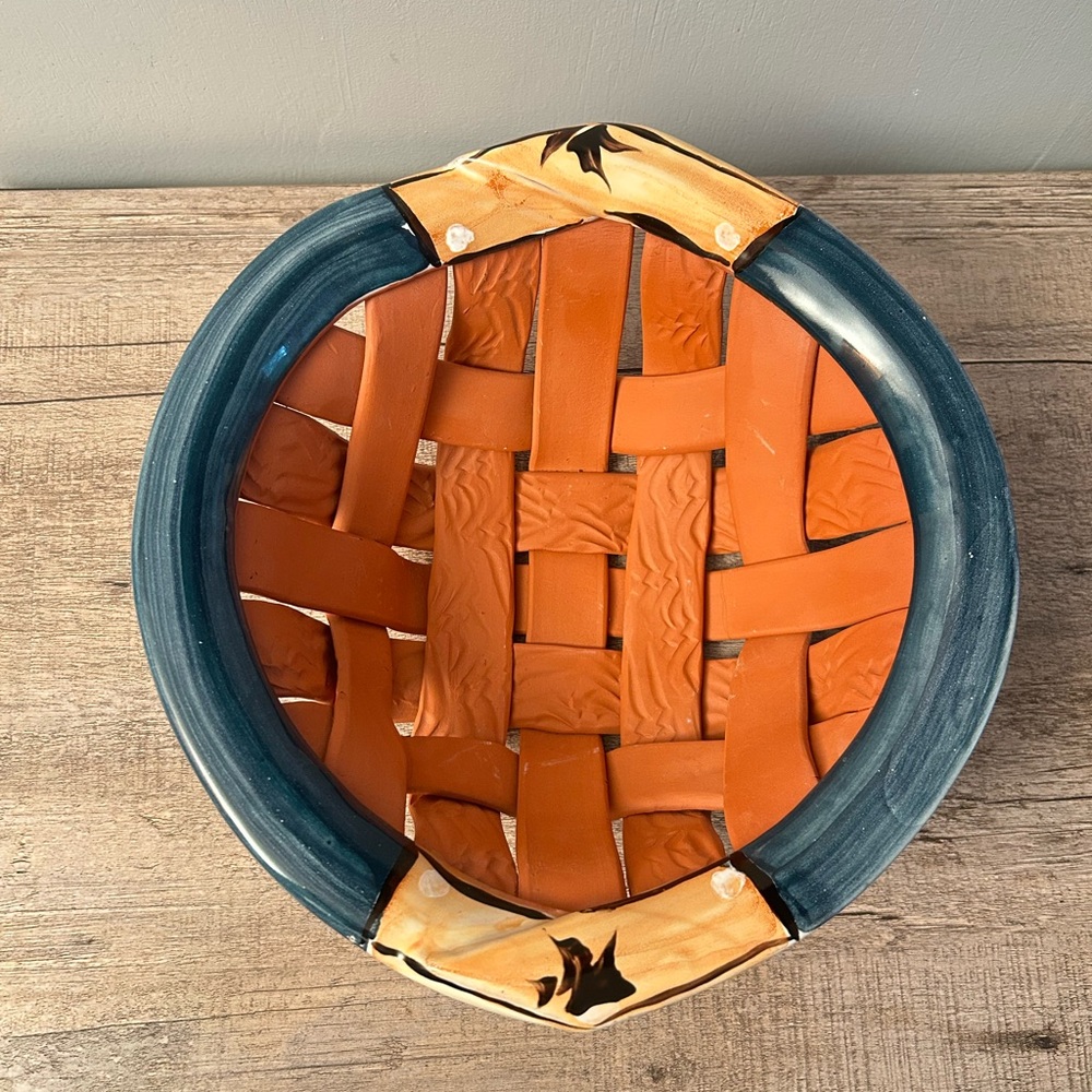 Handcrafted Clay Basket bread warmer with Blue and Orange Accents - Picture 3 of 9